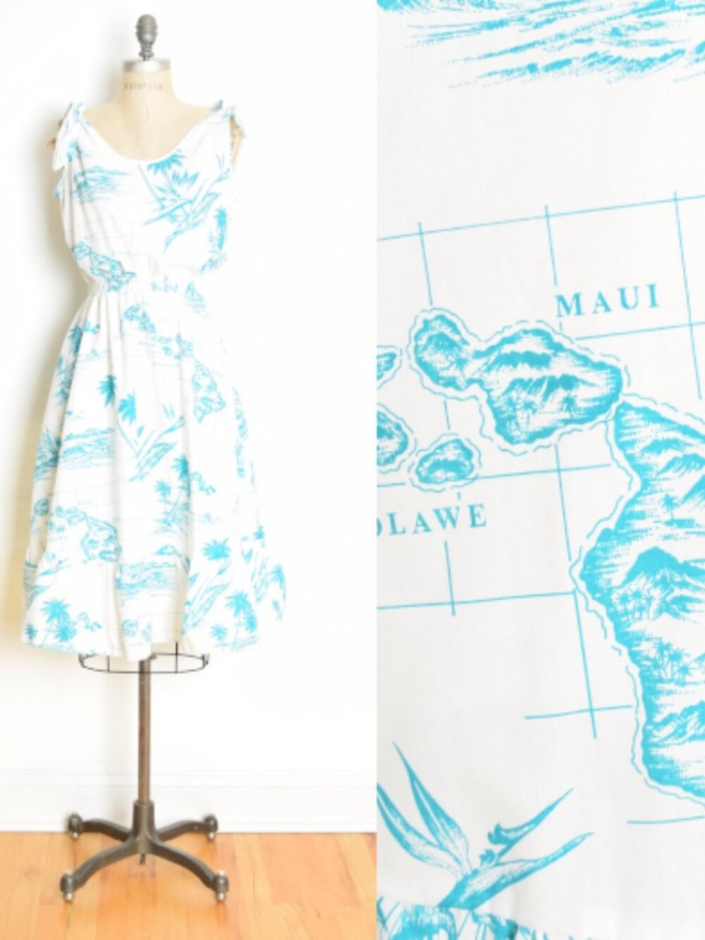 vintage 70s sun dress white blue Hawaiian map print floral ruffle midi aloha M